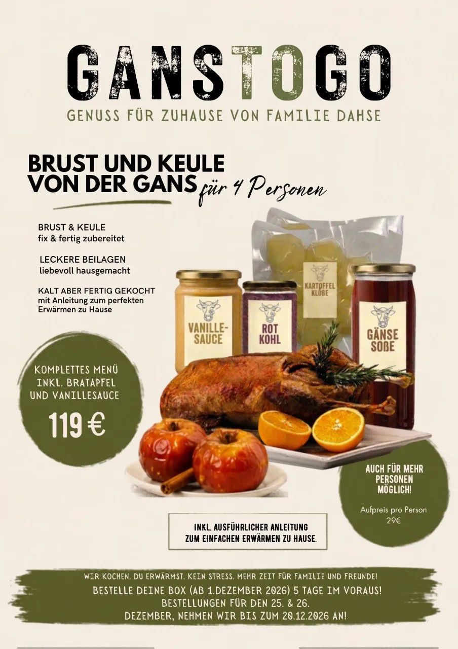 Werbeplakat GansToGo mit Gans, Beilagen und Bestellinformationen für Weihnachten 2026