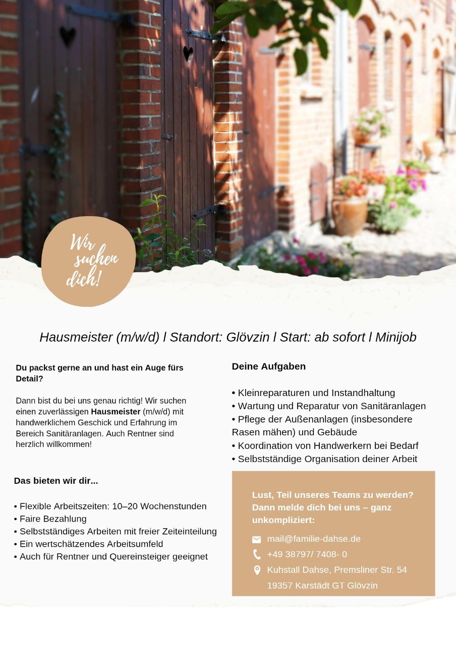 Stellenanzeige für Hausmeisterin oder Hausmeister