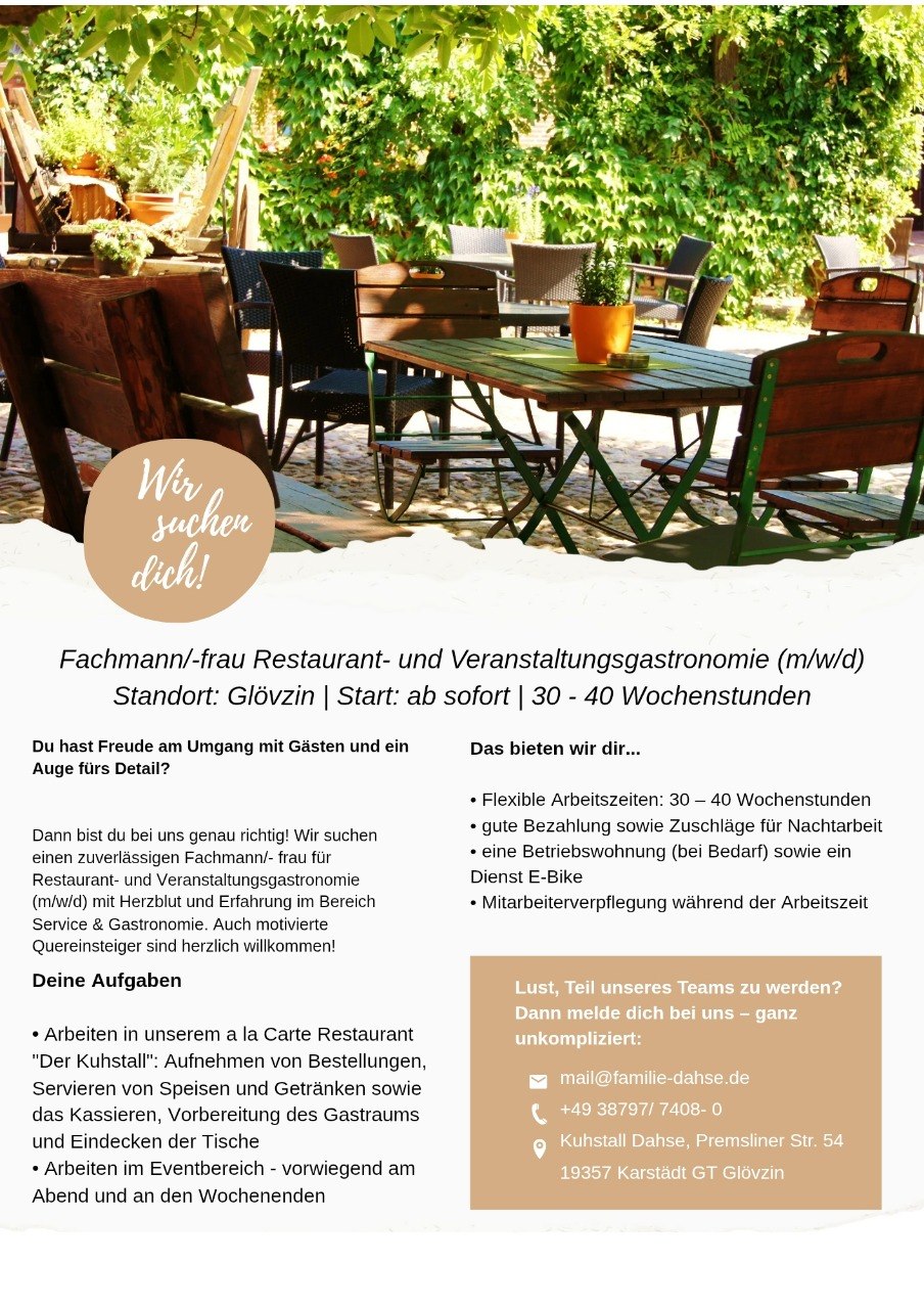 Stellenanzeige für Fachmann oder Fachfrau Restaurant- und Veranstaltungsgastronomie